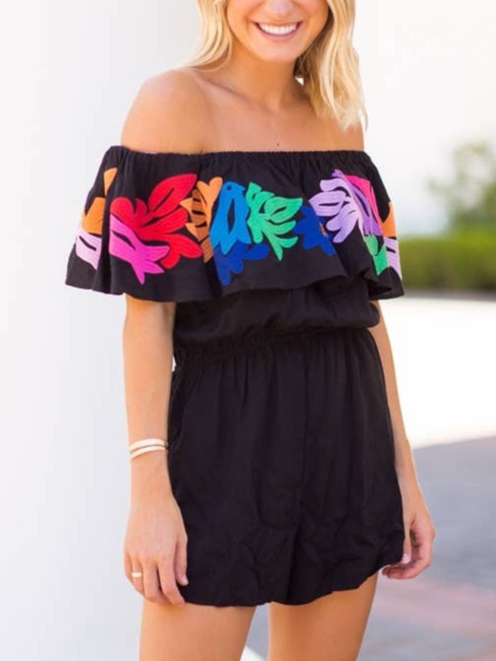 J. Marie Black Embroidered Off Shoulder Romper Size Small 57149
